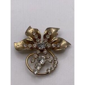 Vintage Brooch Clear Glass Rhinestone And Gold Tone Flower